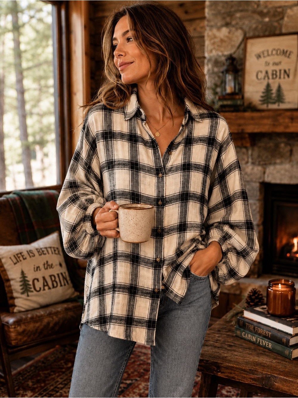 American Eagle Plaid Flannel Shirt Balloon Sleeves Cabincore Cottagecore Large